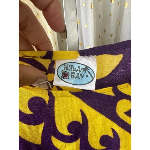 Hula Bay Purple Yellow Hawaiian Floral Tiare Waterfall Bell Sleeves Mini Dress M - Picture 5 of 5